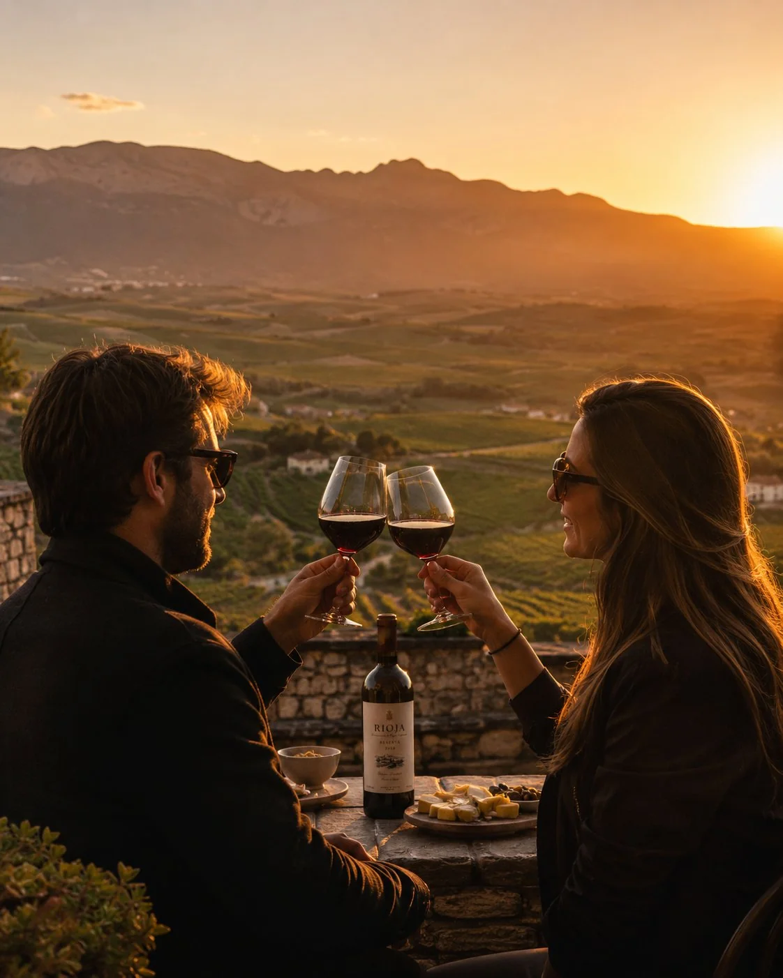 Pareja en cata de vino con viñedos de Rioja Alavesa al fondo, enoturismo